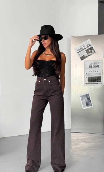 Дамски кафяви дънки с висока талия и модерен широк крачол от Next Level