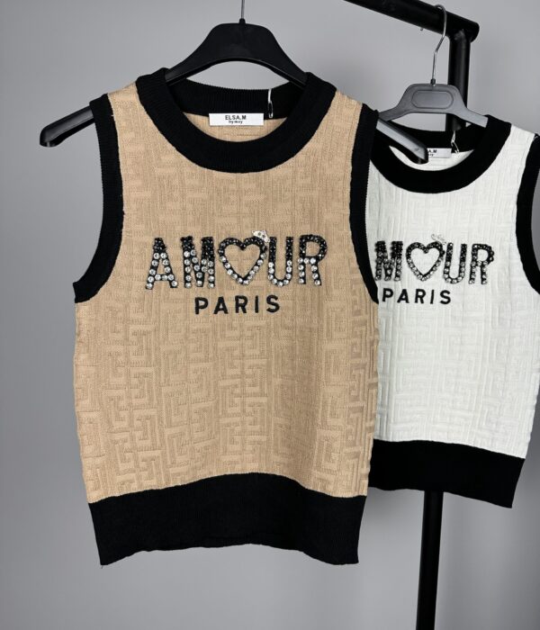 Дамски плетен топ в кафяво с бляскав надпис Amour Paris от камъни Next Level