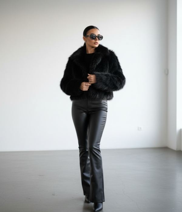 Страничен изглед на късо дамско пухено яке в черно с акцент върху пухкавата яка