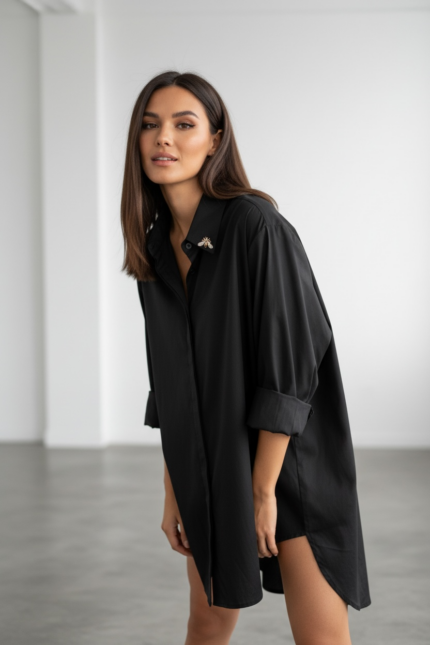 Елегантна дамска дълга черна риза тип туника със свободна кройка от Next Level
