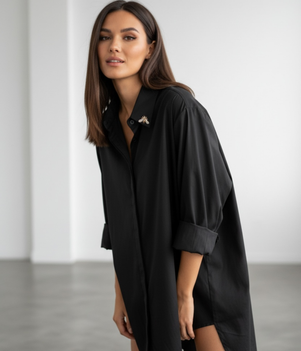 Елегантна дамска дълга черна риза тип туника със свободна кройка от Next Level