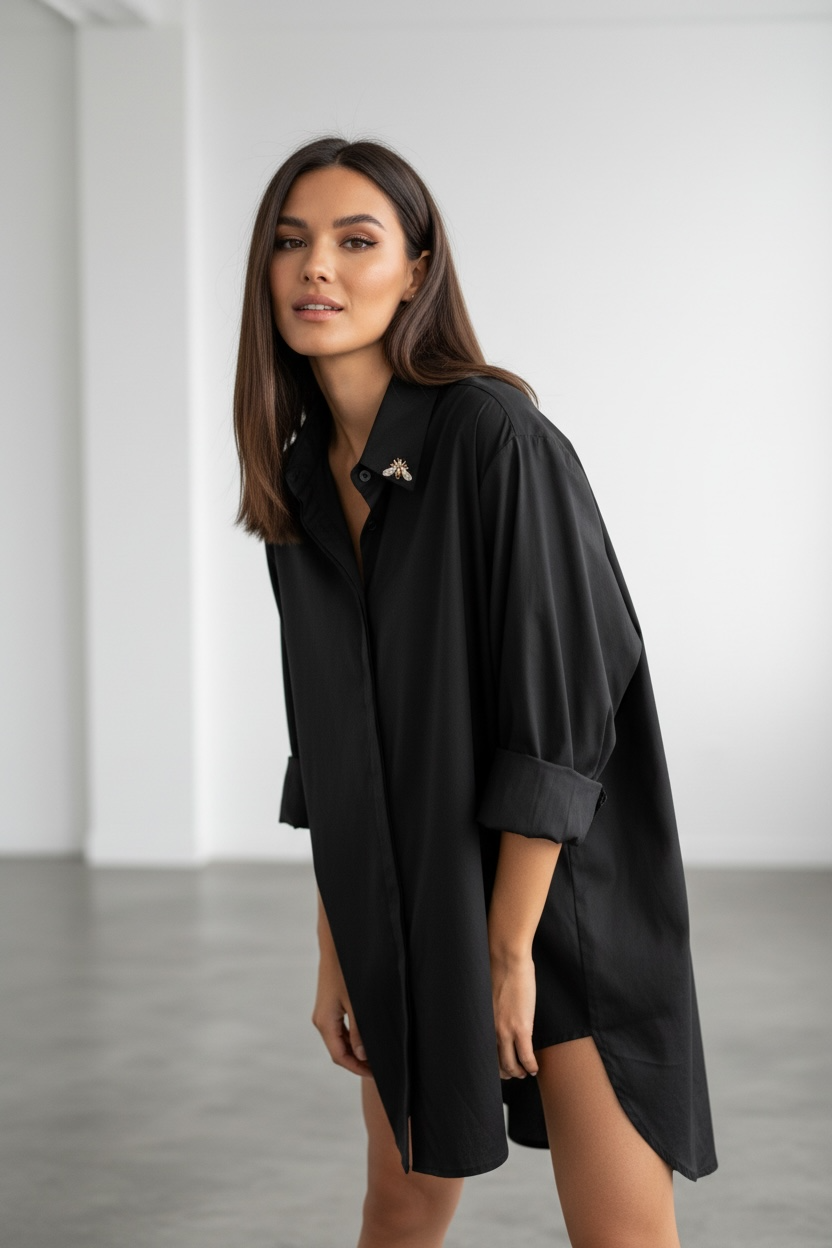 photoroom_20260112_125057 Елегантна дамска дълга черна риза тип туника със свободна кройка от Next Level