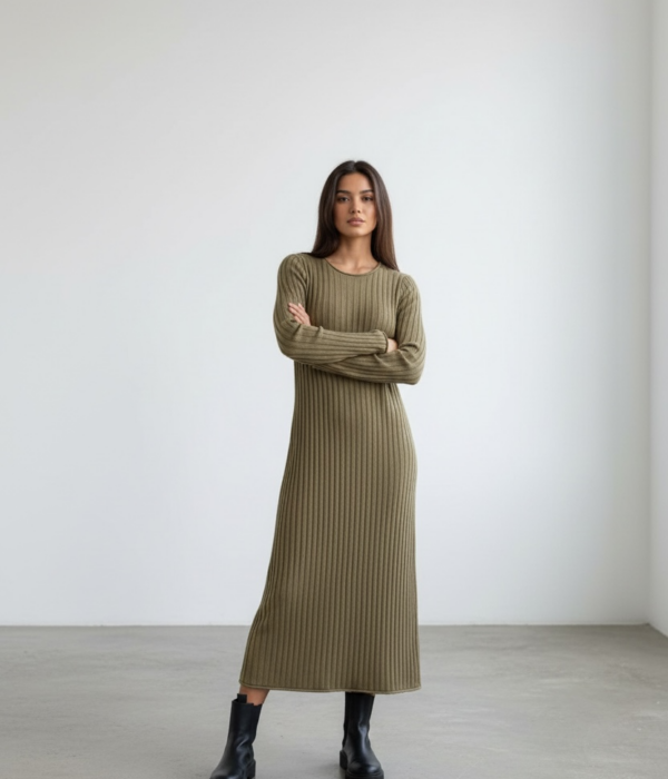 Елегантна дълга плетена рокля в цвят каки с втален силует и фино плетиво от Next Level