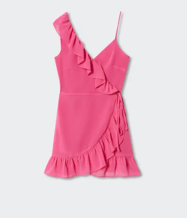 Страничен изглед на къса розова рокля с многослойни волани и тънки презрамки Next Level