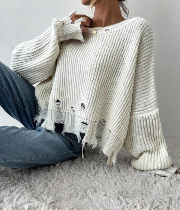 Дамски къс плетен пуловер NOA в цвят екрю с дебела плетка от Next Level