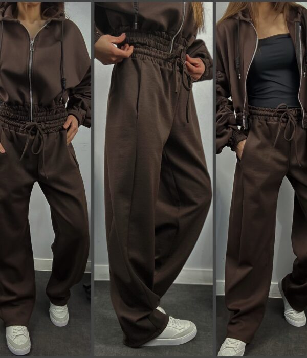 Страничен изглед на кафяв ватиран дамски спортен комплект Next Level