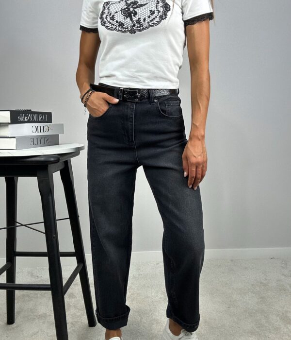 Дамски Relaxed Fit черни дънки с висока талия и колан MANHATTAN